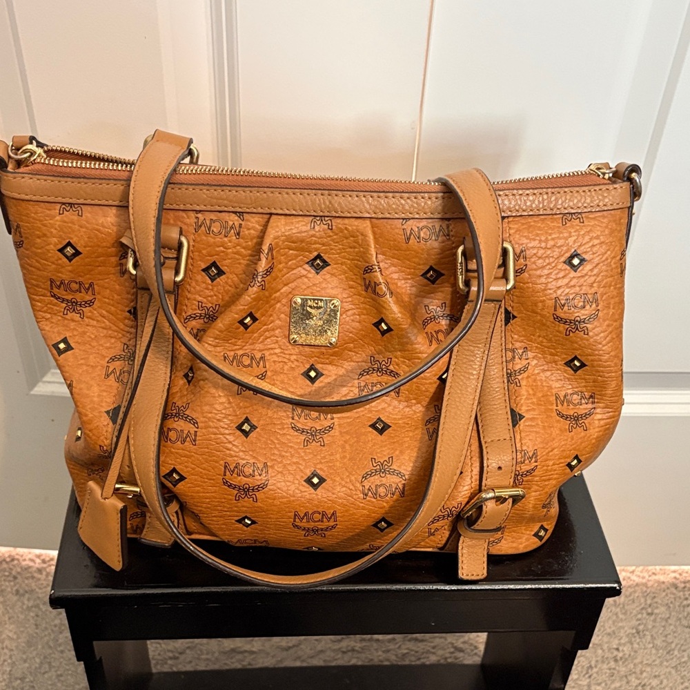MCM Tan Leather Tote with Logo Pattern